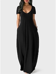 Women's Black Dress Long Dress Maxi Dress Pocket Date Streetwear Maxi V Neck Short Sleeve Black Yellow Light Green Color