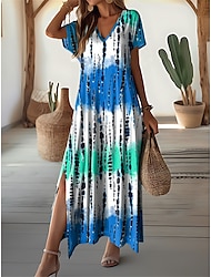 Női hétköznapi ruha Batikolt Hasított Nyomtatott V-alakú Hosszú ruha Maxi ruha Vakáció Rövid ujjú Nyár