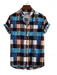 Men's Button Up Shirt Casual Shirt Summer Shirt Blue Red & White Purple Green Short Sleeve Plaid Color Block Button Down Collar Hawaiian Holiday Patchwork Clothing Apparel Fashion Casual Comfortable