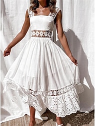 Women's White Dress Lace Dress Casual Dress Midi Dress Lace Patchwork Date Vacation Elegant A Line Strap Sleeveless White Color