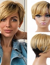 Short Human Hair Pixie Cut Wigs Ombre 1b/27 Pixie Wigs for Black Women Brazilian Straight Hair Wig with Bangs