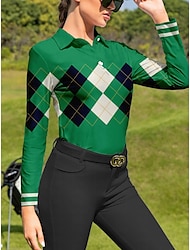 Women's Golf Polo Shirt Plaid Green Long Sleeve Sun Protection UPF 50 Top for Ladies Golf Attire