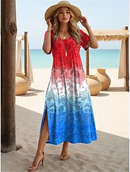 Γυναικεία Καθημερινό φόρεμα Κοντομάνικο φόρεμα Σκίσιμο Στάμπα Στρογγυλή Ψηλή Λαιμόκοψη Μακρύ Φόρεμα Μάξι Φόρεμα Ημερομηνία Κοντομάνικο Καλοκαίρι