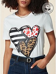 Damen T Shirt 100% Baumwolle Herz Casual Täglich Bedruckt Weiß Kurzarm Druck Rundhalsausschnitt Ganzjährig