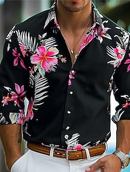 Floral Men's Resort Hawaiian 3D Printed Shirt Street Holiday Daily Wear Spring & Summer Turndown Long Sleeve Pink Orange Green S M L 4-Way Stretch Fabric Shirt