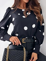 Women's Shirt Blouse Polka Dot Work Print Black Long Sleeve Fashion Round Neck Spring &  Fall