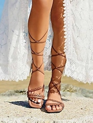 Women's Sandals Lace Up Sandals Strappy Sandals Boho Bohemia Beach Daily Beach Flat Heel Bohemia Vintage Casual PU Lace-up Almond Black White