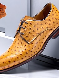 Zapatos de vestir para hombre con cordones antideslizantes de piel de avestruz amarilla con agujeros perforados