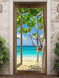 Window View Beach Door Covers Mural Decor Door Tapestry Door Curtain Decoration Backdrop Door Banner Removable for Front Door Indoor Outdoor Home Room Decoration Farmhouse Decor Supplies