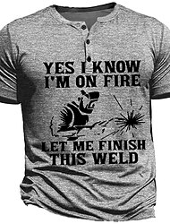 Yes I Know I'm on Fire Men's Street Style 3D Printed Henley T shirt Tee Street Holiday Going out T shirt Blue Army Green Gray Short Sleeve Henley Shirt Spring & Summer