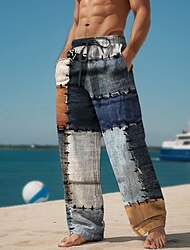 kockás színes blokk férfi üdülőhely 3D-s nyomtatással alkalmi nadrág nadrág elasztikus derék húzózsinór laza, egyenes szárú nyári strandnadrág s-től 3xl-ig