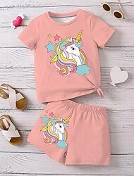 футболка для девочек с объемным единорогом & Шорты, пижамный комплект, розовый, с короткими рукавами, 3d принтом, летние, активные, модные, милые, из полиэстера, для детей от 3 до 12 лет, с круглым
