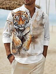 dier tijger heren resort hawaiiaans 3d bedrukt henley overhemd dagelijkse kleding vakantie uitgaan lente & herfst opstaande kraag lange mouw blauw, paars, oranje s, m, l overhemd