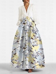 A-Line Floral Evening Gown Elegant Floral Dress Formal Wedding Guest Floor Length Long Sleeve V Neck Belt / Sash Satin with Slit 2024