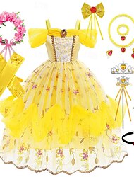 Η Πεντάμορφη και το τέρας Πριγκίπισσα Καλλονή Φορέματα Φόρεμα κορίτσι λουλουδιών Κοριτσίστικα Στολές Ηρώων Ταινιών χαριτωμένο στυλ Περούκα Γάντια Μεσοφόρι Απόκριες Η Μέρα των Παιδιών