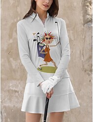 Women's Golf Polo Shirt White+Sky Blue Long Sleeve Sun Protection Top Fall Winter Ladies Golf Attire Clothes Outfits Wear Apparel