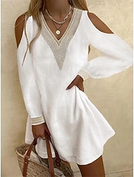 Жен. Белое платье Мини-платье Холодный прием Свидание Богемия V-образный вырез Длинный рукав Черный Белый Пурпурный Цвет