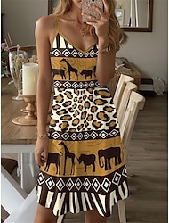 Dámské Vintage šaty Volnočasové šaty Slip Dress Leopard Etno Tisk Ramínka Mini šaty Vinobraní Geleneksel Dovolená Bez rukávů Léto