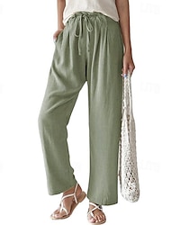 Women's Pants Trousers Linen Cotton Blend Side Pockets Full Length Black Spring & Summer