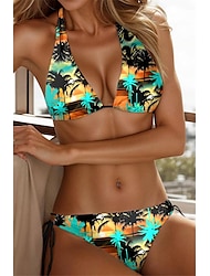 Pentru femei Costume de Baie Bikini 2 bucăți Costum de baie Fără Spate Cu legare înapoi Tropical Gâtul halter Hawaiană Stilat Costume de baie