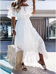 Women's White Lace Wedding Dress Boho Chic Dresses Boho Wedding Guest Dress Long Dress Maxi Dress Ruffle Plus High Low Vacation Beach Maxi A Line Off Shoulder Short Sleeve White Color