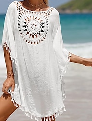 Women's Summer Dress Tassel Cut Out Beach Wear Holiday Short Sleeves Black White Blue Color