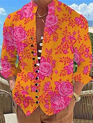 Rosa Floreale Hawaiano Ricorrere Per uomo Camicie stampate Per eventi Da tutti i giorni Da mare Primavera estate Colletto Mao Manica lunga Rosa, Blu, Arancione S, M, L Polyester Camicia