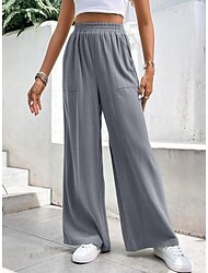 Women's Wide Leg Pants Trousers Linen Cotton Blend Side Pockets Wide Leg Full Length Burgundy Spring & Summer