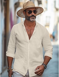 45% Linen Pocket Men's Linen Shirt Shirt Button Up Shirt Summer Shirt Black White Navy Blue Long Sleeve Plain Lapel Spring &  Fall Outdoor Daily Clothing Apparel