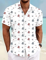 Sailboat Men's Resort Hawaiian 3D Printed Shirt Button Up Short Sleeve Summer Beach Shirt Vacation Daily Wear S TO 3XL