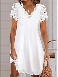 Жен. Белое платье Мини-платье Хлопок с рукавом Свидание Уличный стиль V-образный вырез С короткими рукавами Белый Цвет