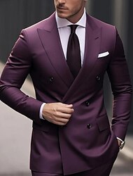Purple Men's Wedding Prom Suits Solid Colored 2 Piece Formal Tailored Fit Double Breasted Six-buttons 2024