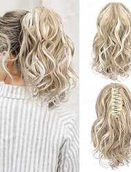 10 Highlight Ponytail Extension Claw Short Thick Wavy Curly Jaw Clip in Fake Pony Tails Fake Hair Soft Natural Looking Synthetic Hairpiece for Women Medium Blonde with White Blonde Highlights
