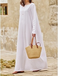 Damen Weißes Kleid kleid lang Leinen Tasche Urlaub Strand Maxi Basic Rundhalsausschnitt Langarm Weiß Farbe