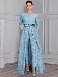 Jumpsuit / Pantsuit 3 Piece Mother of the Bride Dress Formal Wedding Guest Elegant Sparkle & Shine Scoop Neck Ankle Length Satin 3/4 Length Sleeve with Bow(s)  dress to impress 2024