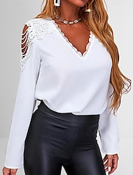 Damen Hemd Spitzenhemd Bluse Weißes Spitzenhemd Glatt Spitze Ausgeschnitten Casual Elegant Modisch Täglich Langarm V Ausschnitt Schwarz Herbst Winter