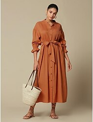 Женское платье-рубашка из смесового льна, повседневное светло-коричневое платье макси с длинными рукавами и воротником на пуговицах и поясом свободного покроя