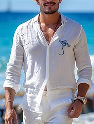 Voor heren Linnen linnen overhemd Grafisch overhemd Totem Afdrukken Button-omlaag Lange mouw Strijkijzer Wit, blauw Overhemd Feestdagen Vakantie Stranden