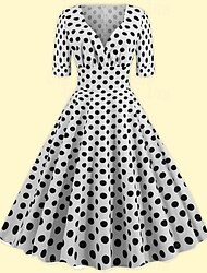 50er Polka Dots A-Linie Kleid Baumwolle Swingkleid Schlagkleid Retro Vintage 1950er Jahre Damenkostüm 3/4 Ärmel Midikleid