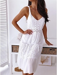 Damen Weißes Kleid Midikleid mit Hülse Verabredung Strassenmode Basic Spaghetti-Träger Ärmellos Weiß Farbe