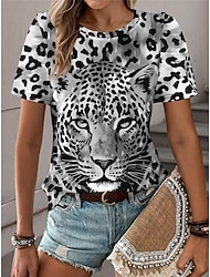 Mujer Camiseta Leopardo Diario Fin de semana Estampado Azul Piscina Manga Corta Moda Cuello Barco Verano