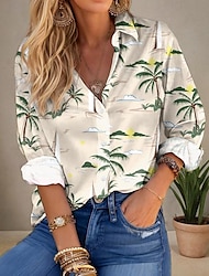 Hawaiian Shirt Women's Shirt Blouse Tree Casual Holiday Beach Button Print White Long Sleeve Fashion Hawaiian Shirt Collar Spring &  Fall