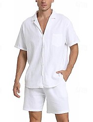 Men's Shirt Linen Shirt Cotton Linen Shirt White Cotton Shirt Shirt Set Button Up Shirt Black White Khaki Short Sleeve Plain Camp Collar Summer Holiday Daily Wear Clothing Apparel 2 Piece