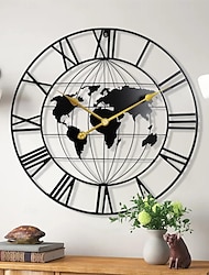 מפת עולם גדולה שעון קיר מתכת מינימליסטי מודרני שעון עגול שקט לא מתקתק שעוני קיר המופעלים על ידי סוללה לסלון בית מטבח חדר שינה משרד עיצוב בית ספר