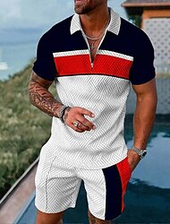 Men's Quarter Zip Polo Golf Shirt Daily Holiday Quarter Zip Short Sleeve Fashion Basic Color Block 2 Piece Spring & Summer Regular Fit White Red Quarter Zip Polo