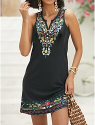 Women's Black Dress Shirt Dress Floral Print Notched Neck Midi Dress Vintage Ethnic Vacation Sleeveless Summer