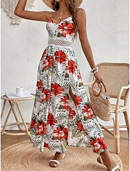 Mulheres Vestido casual Vestido A Line Vestido de decote Floral Fenda Imprimir Com Alças Vestido Longo Vestido Maxi Tropical Havaiana Férias Sem Manga Verão