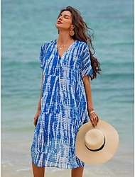 Women's Casual Dress Chiffon Dress Swing Dress Tie Dye Print V Neck Midi Dress Vacation Beach Short Sleeve Summer