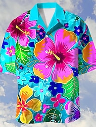 Bloemenprint Vakantie Modieus Hawaii Voor heren Overhemd Hawaiiaans overhemd Grafisch overhemd Buiten Straat Casual Zomer Lente Cubaanse kraag Hemelsblauw Paars Donkerblauw S M L Overhemd