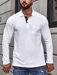 Men's Cotton Polo Shirt Golf Shirt Work Casual Lapel Long Sleeve Basic Modern Plain Button Pocket Spring &  Fall Regular Fit Dark red Wine Apricot Dark Gray Lake Blue Black Cotton Polo Shirt